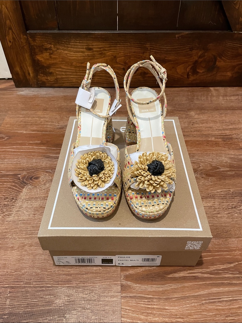 Dolce Vita Paulos Pastel Multicolor Woven Platform Sandals with Raffia Flower